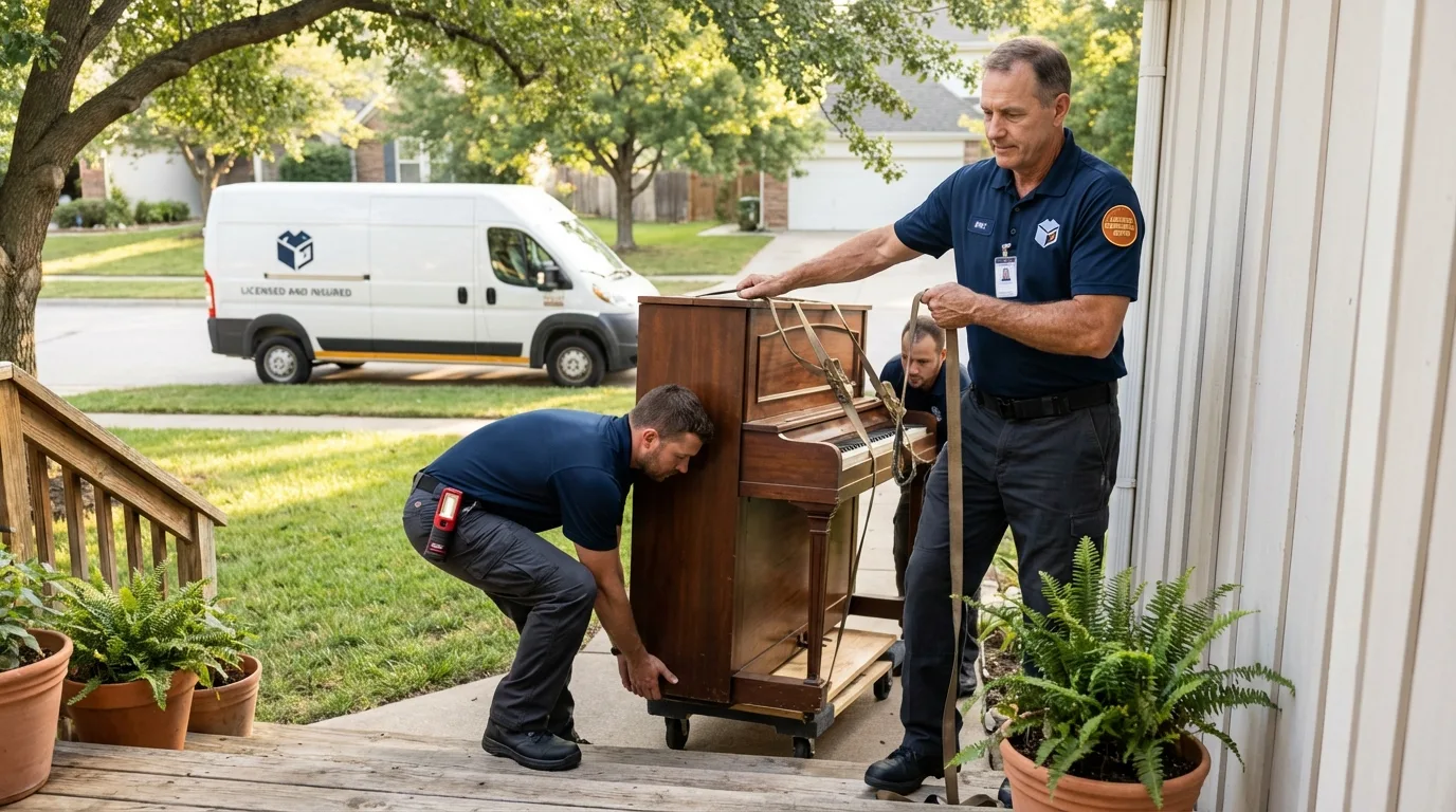 Licensed piano movers securing grand piano in Oakdale, LA