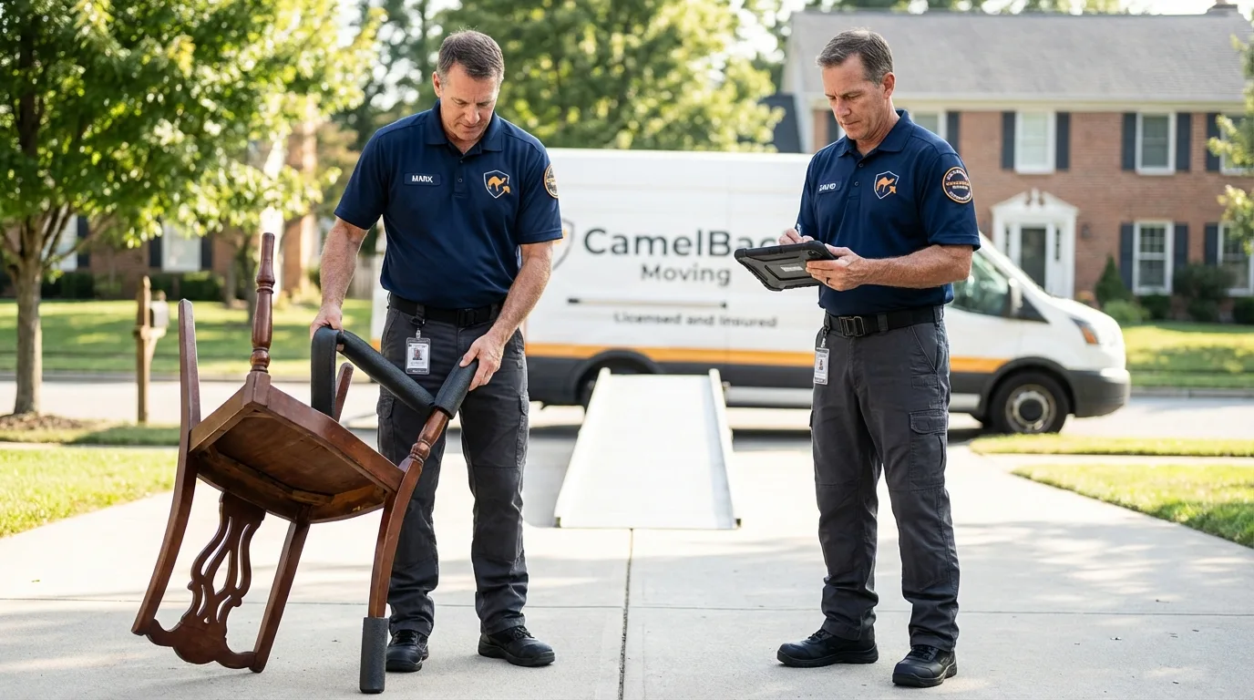 Movers inspecting furniture for damage prevention before loading in Oakdale, LA