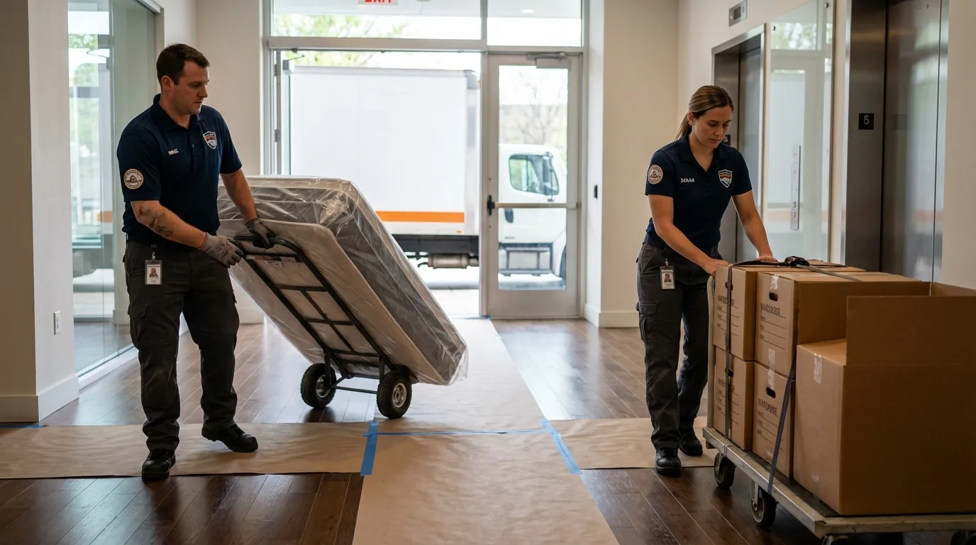 Professional apartment movers loading elevator in Oakdale, LA