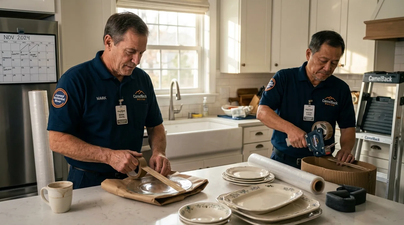 Professional crew packing kitchen dishware in Oakdale, LA